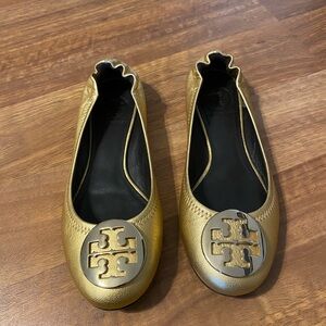 Tory Burch Gold Flats with Logo Emblem